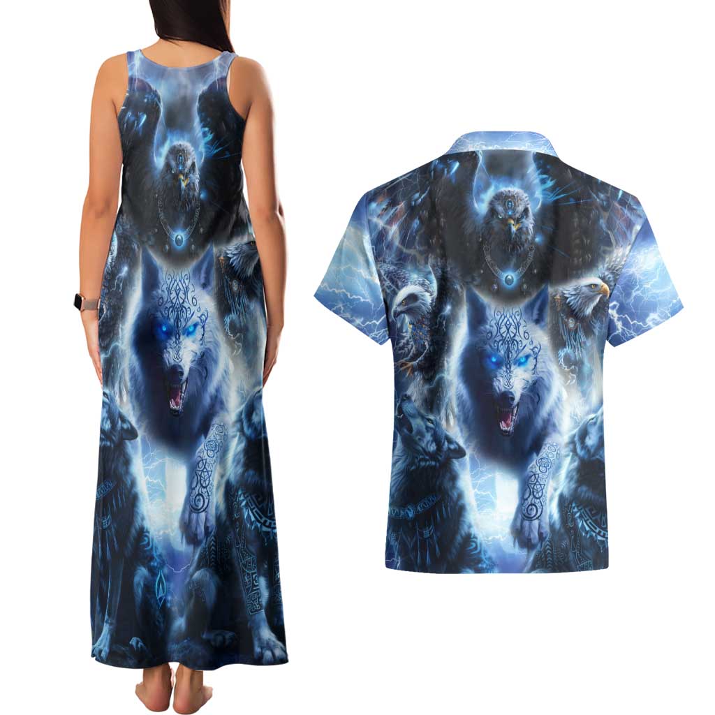 Native American Wolf And Eagle Couples Matching Tank Maxi Dress and Hawaiian Shirt Thunder Style - Wonder Print Shop