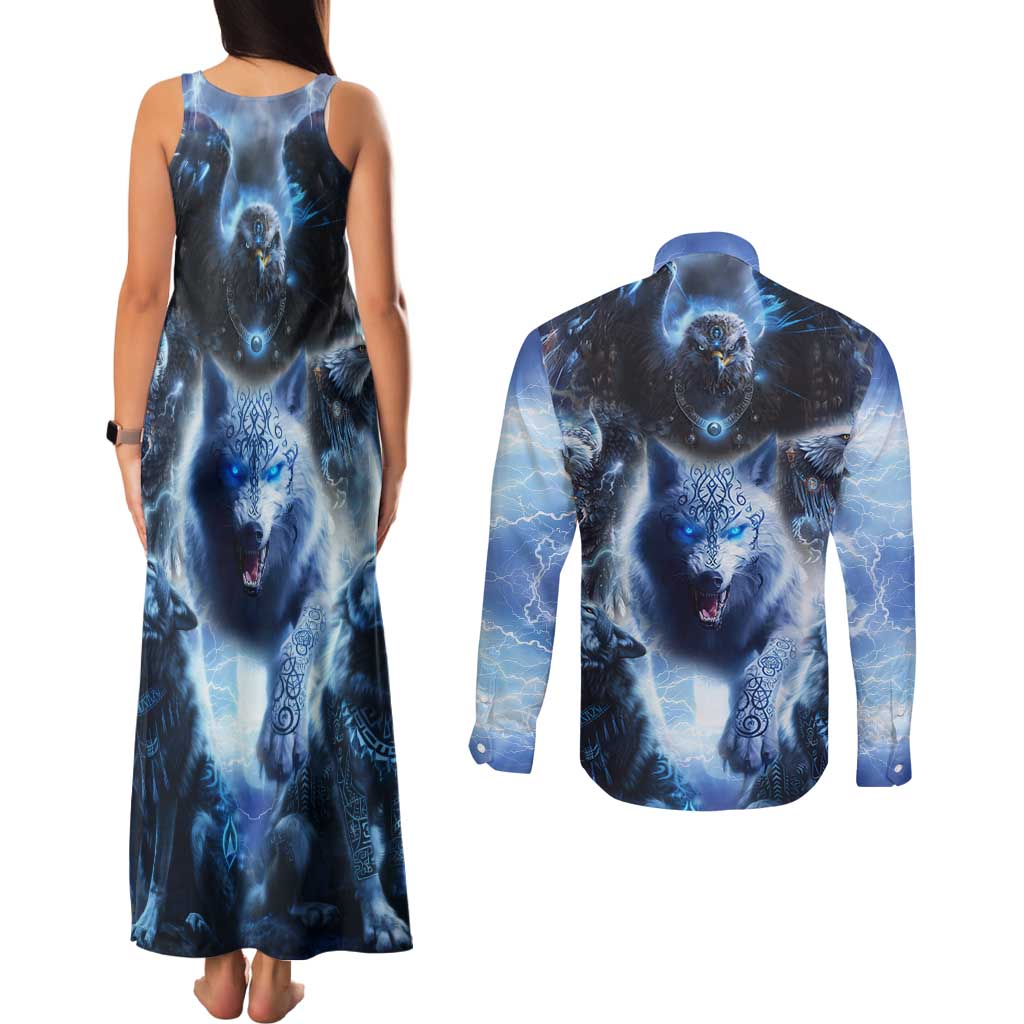 Native American Wolf And Eagle Couples Matching Tank Maxi Dress and Long Sleeve Button Shirt Thunder Style - Wonder Print Shop