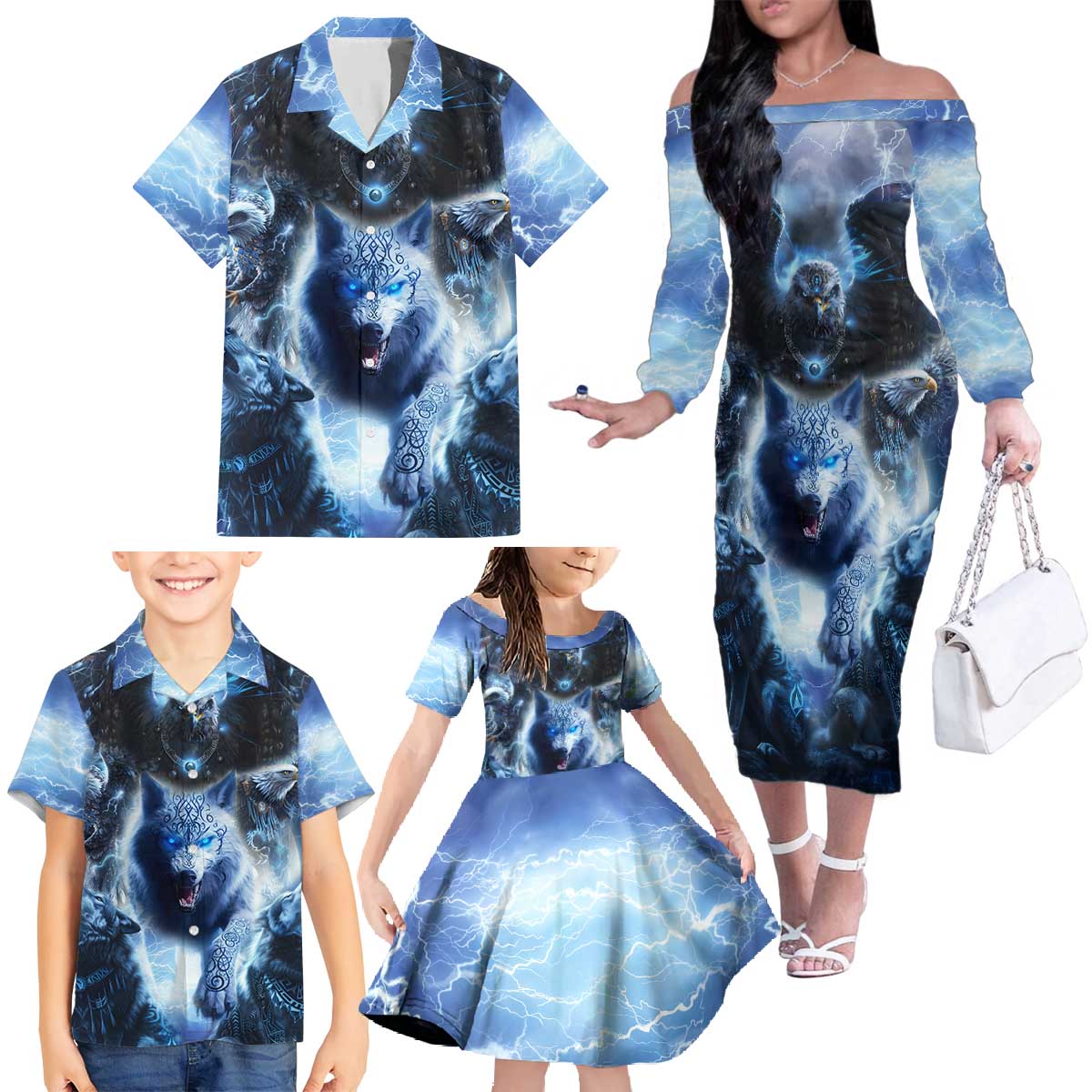 Native American Wolf And Eagle Family Matching Off The Shoulder Long Sleeve Dress and Hawaiian Shirt Thunder Style - Wonder Print Shop