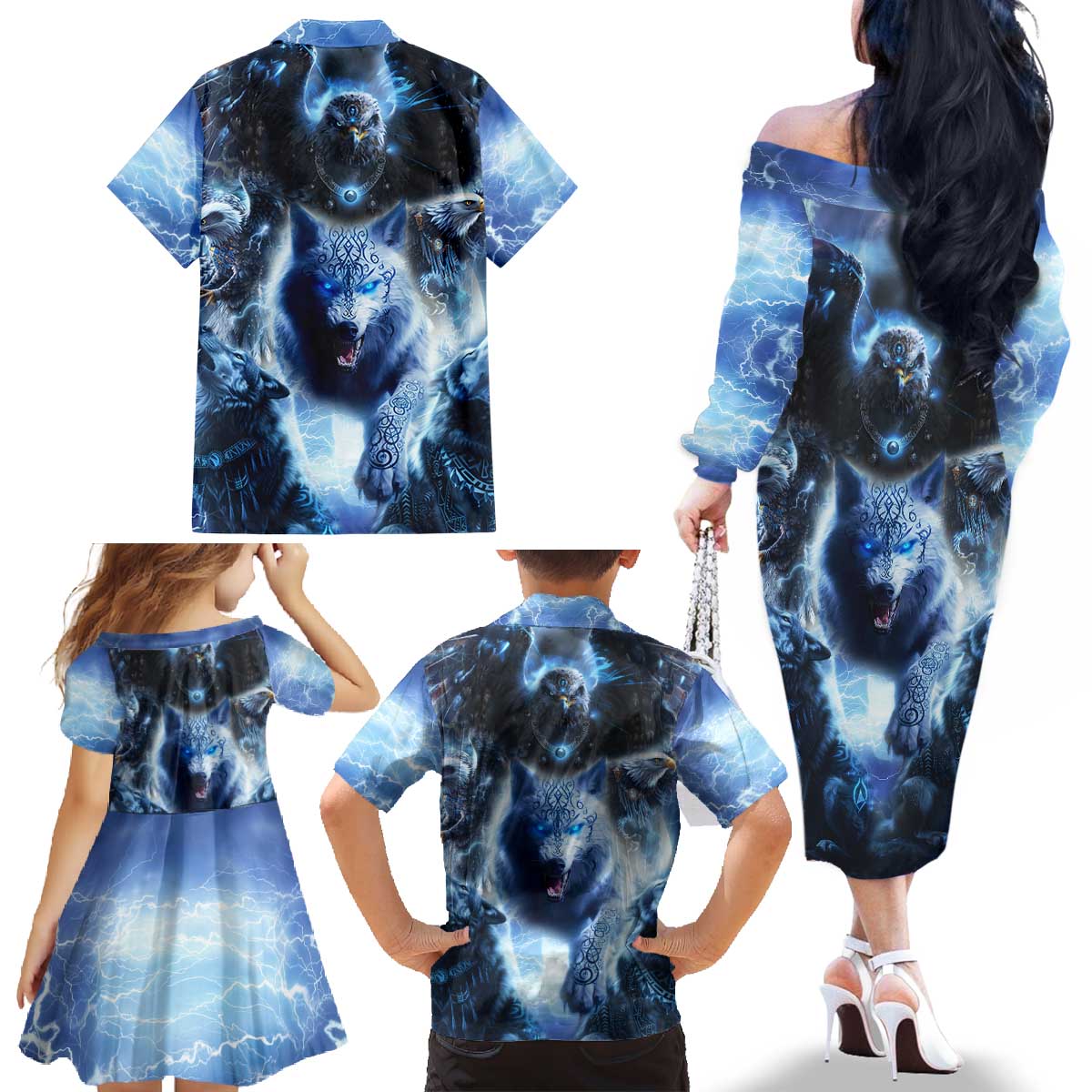 Native American Wolf And Eagle Family Matching Off The Shoulder Long Sleeve Dress and Hawaiian Shirt Thunder Style - Wonder Print Shop