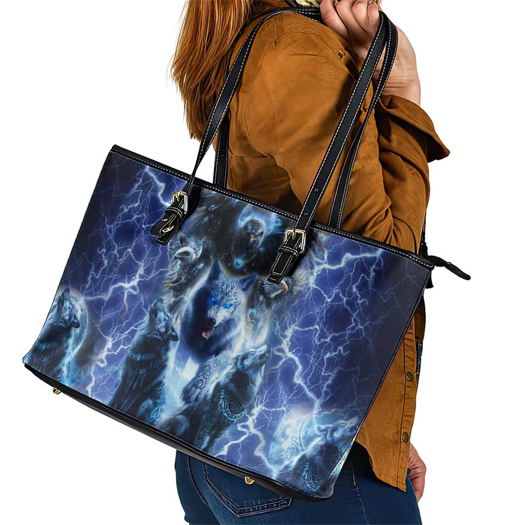 Native American Wolf And Eagle Leather Tote Bag Thunder Style - Wonder Print Shop