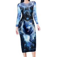 Native American Wolf And Eagle Long Sleeve Bodycon Dress Thunder Style - Wonder Print Shop