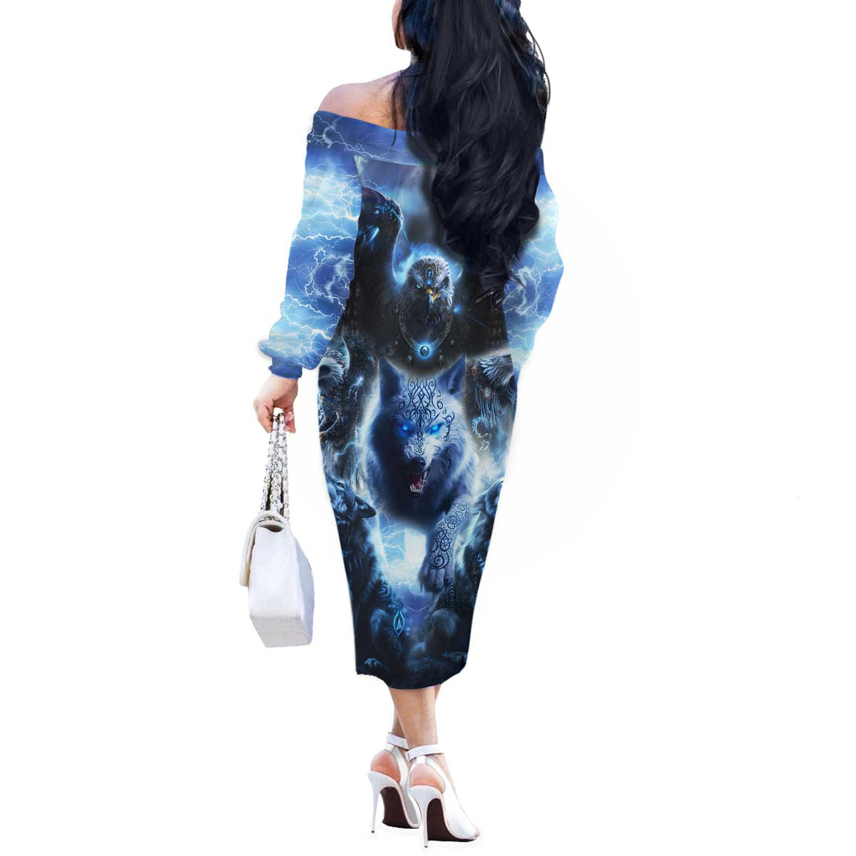 Native American Wolf And Eagle Off The Shoulder Long Sleeve Dress Thunder Style - Wonder Print Shop