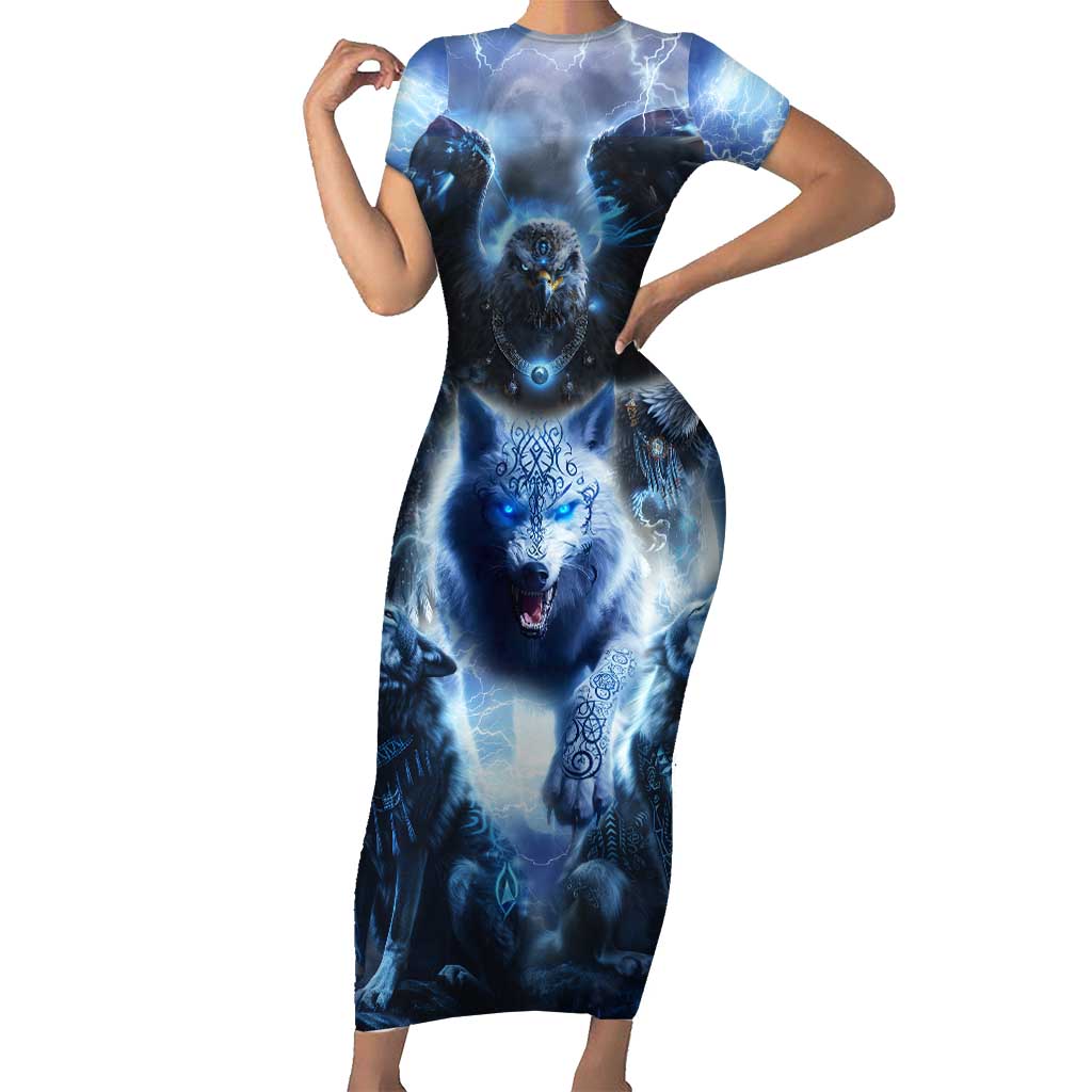Native American Wolf And Eagle Short Sleeve Bodycon Dress Thunder Style - Wonder Print Shop
