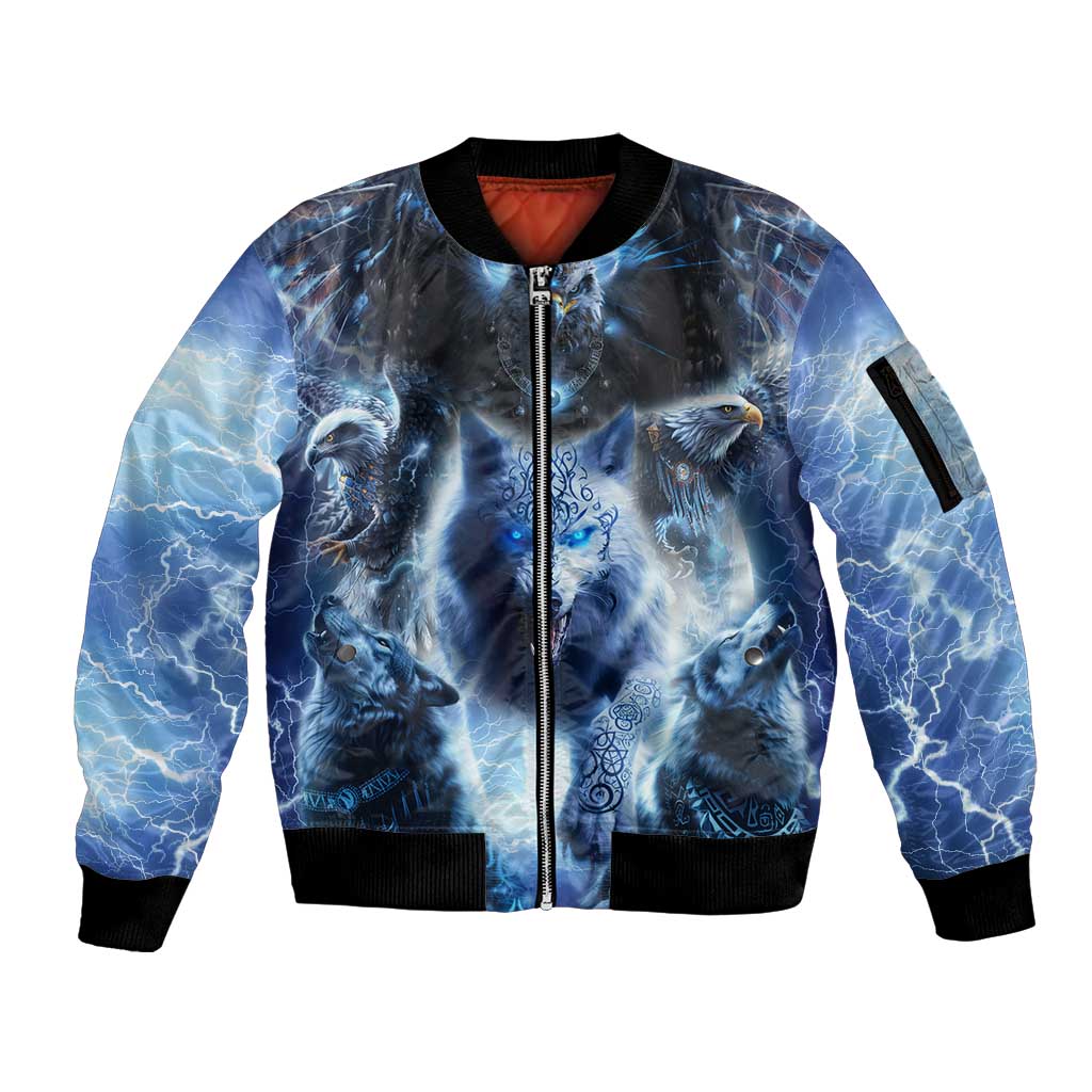 Native American Wolf And Eagle Sleeve Zip Bomber Jacket Thunder Style - Wonder Print Shop