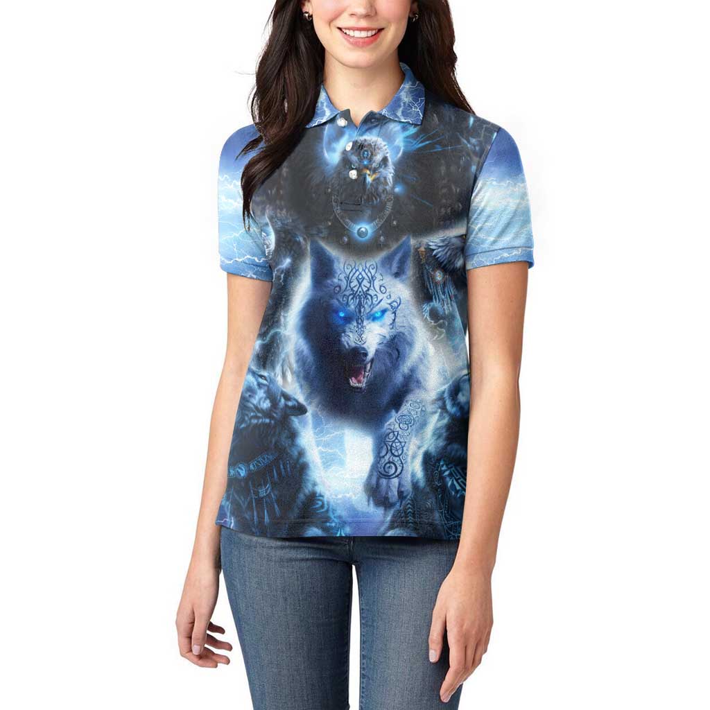 Native American Wolf And Eagle Women Polo Shirt Thunder Style - Wonder Print Shop