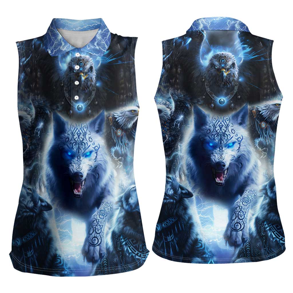 Native American Wolf And Eagle Women Sleeveless Polo Shirt Thunder Style - Wonder Print Shop