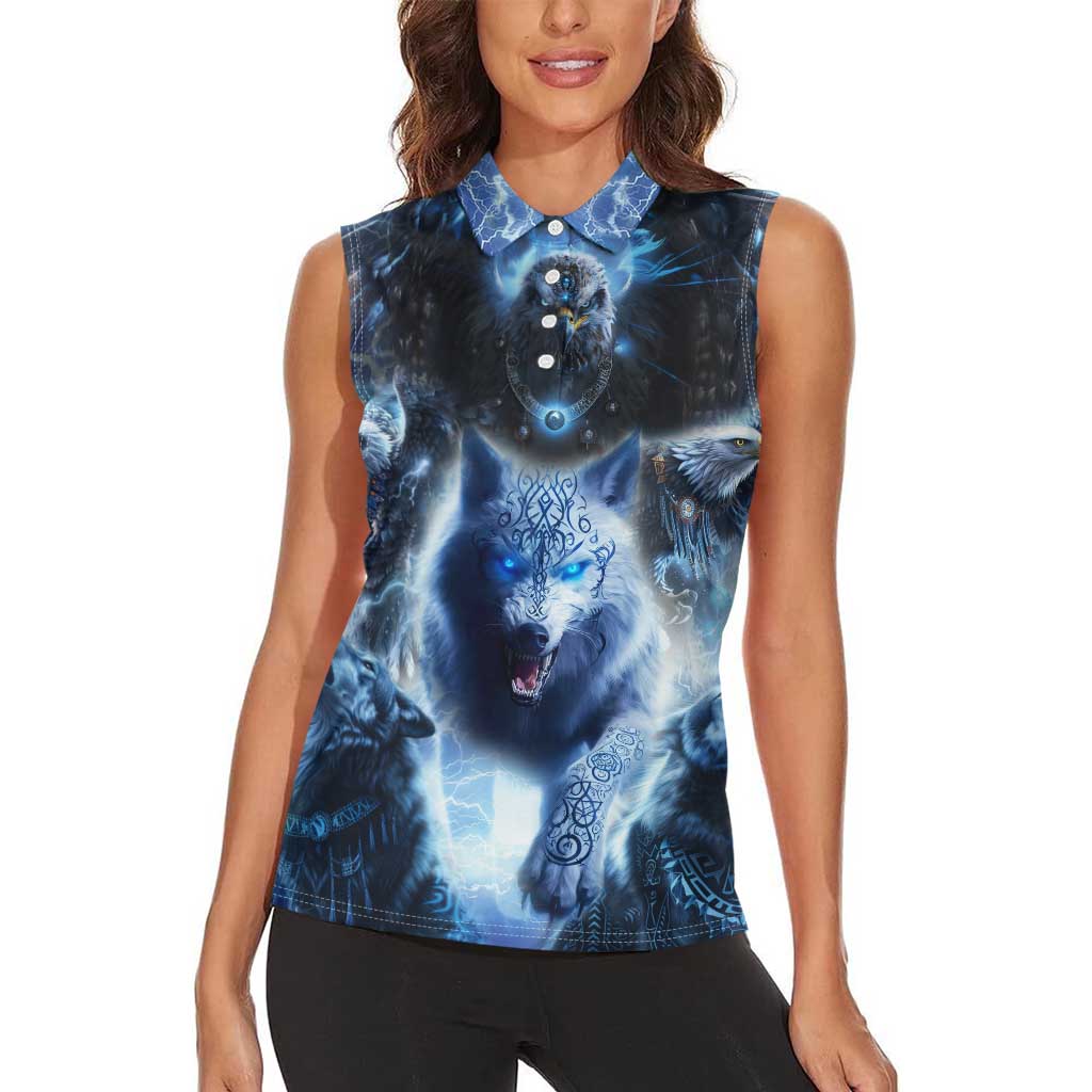 Native American Wolf And Eagle Women Sleeveless Polo Shirt Thunder Style - Wonder Print Shop