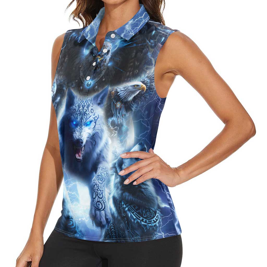 Native American Wolf And Eagle Women Sleeveless Polo Shirt Thunder Style - Wonder Print Shop
