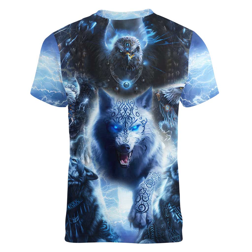 Native American Wolf And Eagle Women V-Neck T-Shirt Thunder Style - Wonder Print Shop