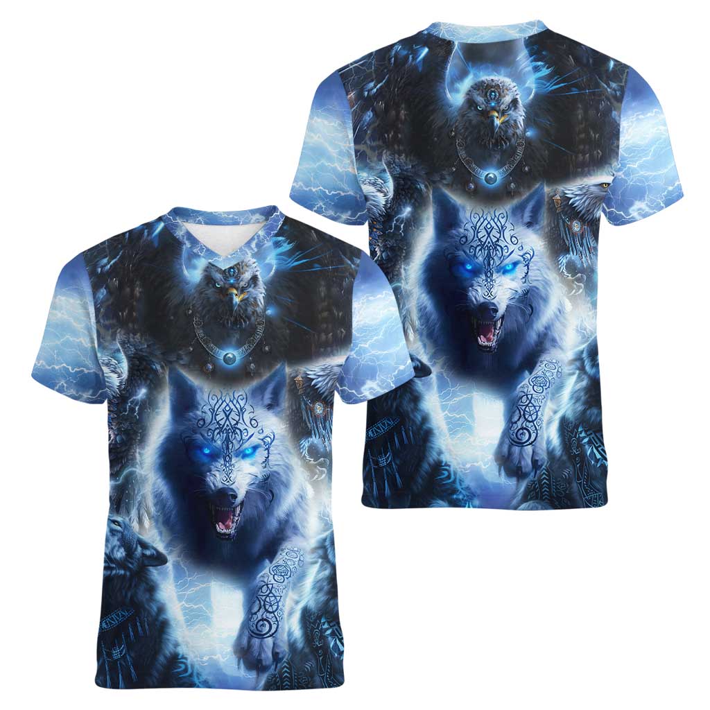 Native American Wolf And Eagle Women V-Neck T-Shirt Thunder Style - Wonder Print Shop