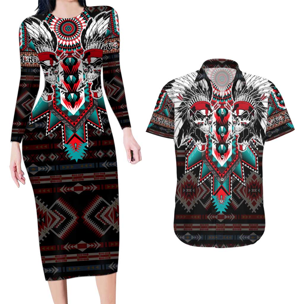 Native American Indian Warrior Skull Couples Matching Long Sleeve Bodycon Dress and Hawaiian Shirt - Wonder Print Shop