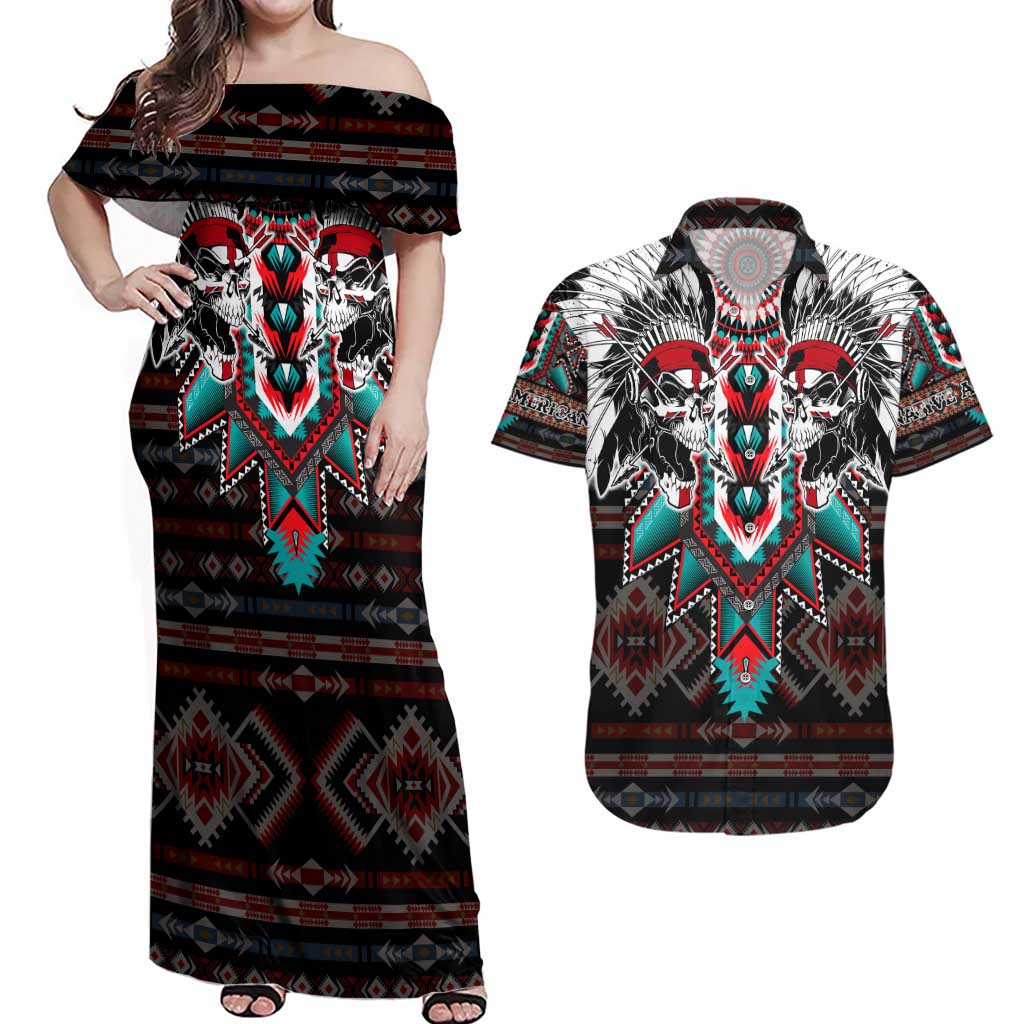 Native American Indian Warrior Skull Couples Matching Off Shoulder Maxi Dress and Hawaiian Shirt - Wonder Print Shop