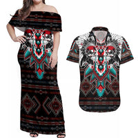 Native American Indian Warrior Skull Couples Matching Off Shoulder Maxi Dress and Hawaiian Shirt - Wonder Print Shop