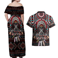 Native American Indian Warrior Skull Couples Matching Off Shoulder Maxi Dress and Hawaiian Shirt - Wonder Print Shop