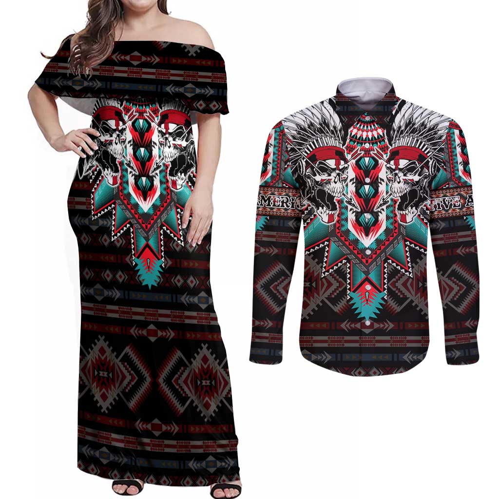 Native American Indian Warrior Skull Couples Matching Off Shoulder Maxi Dress and Long Sleeve Button Shirt - Wonder Print Shop