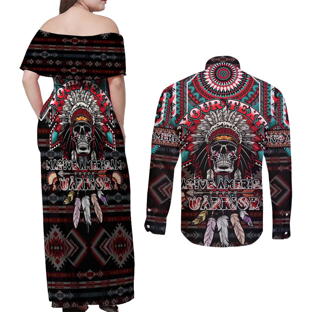 Native American Indian Warrior Skull Couples Matching Off Shoulder Maxi Dress and Long Sleeve Button Shirt - Wonder Print Shop