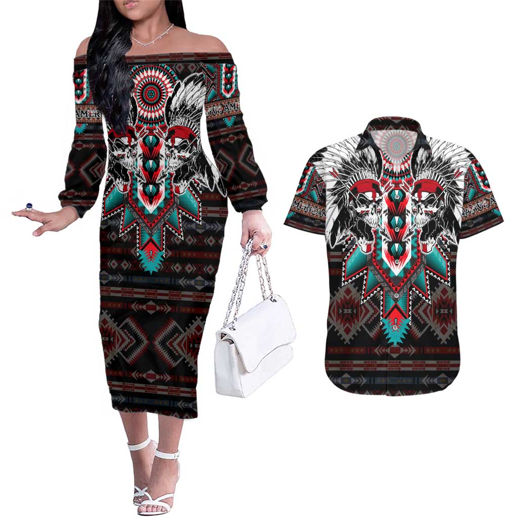 Native American Indian Warrior Skull Couples Matching Off The Shoulder Long Sleeve Dress and Hawaiian Shirt - Wonder Print Shop