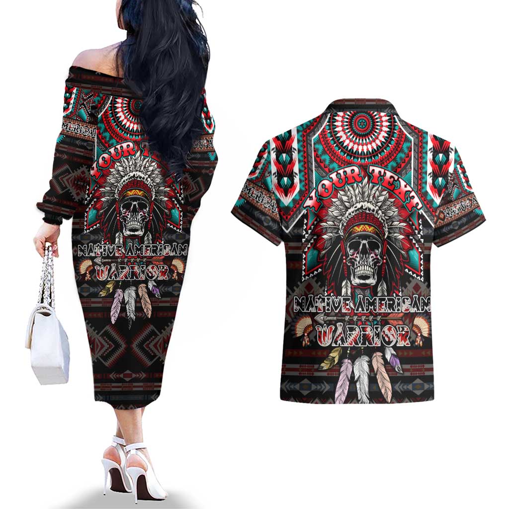 Native American Indian Warrior Skull Couples Matching Off The Shoulder Long Sleeve Dress and Hawaiian Shirt - Wonder Print Shop