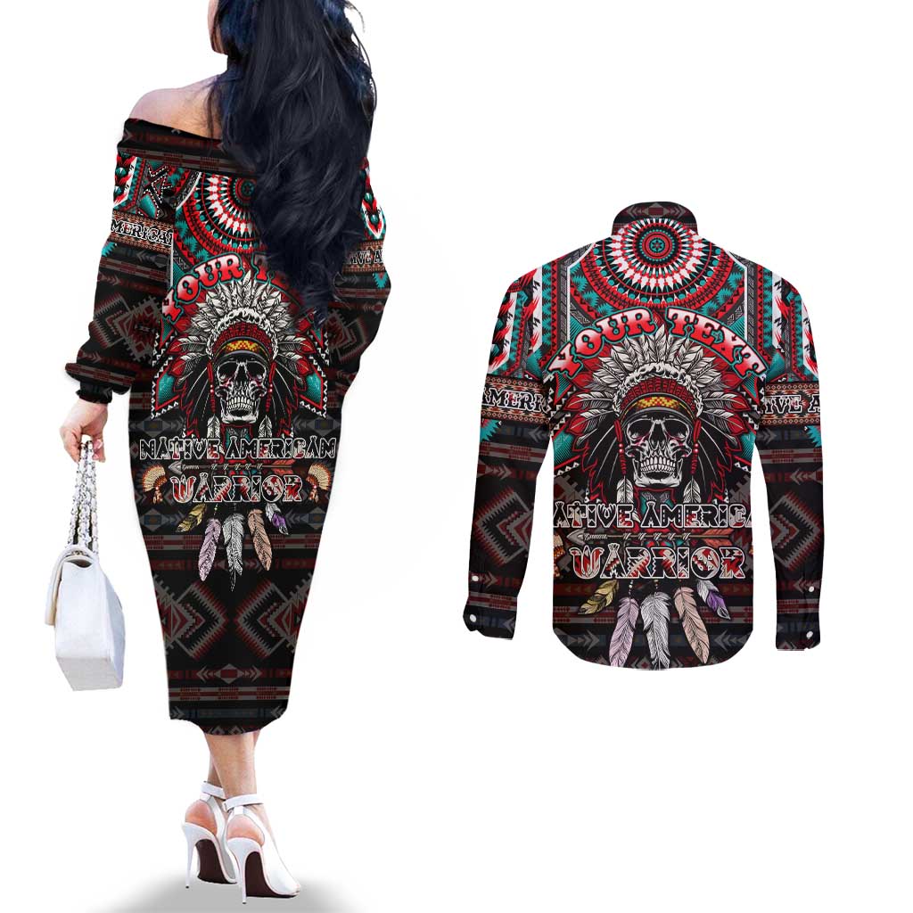 Native American Indian Warrior Skull Couples Matching Off The Shoulder Long Sleeve Dress and Long Sleeve Button Shirt