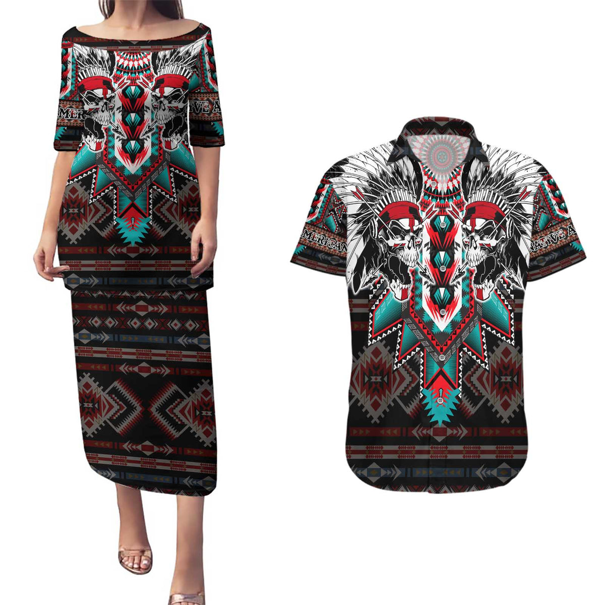 Native American Indian Warrior Skull Couples Matching Puletasi and Hawaiian Shirt - Wonder Print Shop