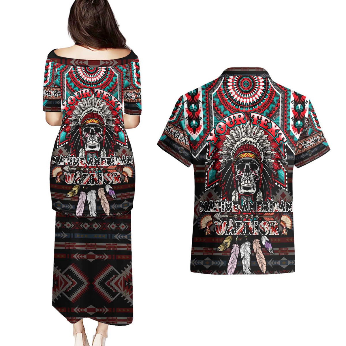 Native American Indian Warrior Skull Couples Matching Puletasi and Hawaiian Shirt - Wonder Print Shop