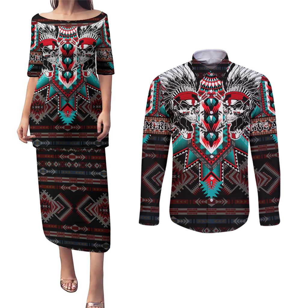 Native American Indian Warrior Skull Couples Matching Puletasi and Long Sleeve Button Shirt - Wonder Print Shop