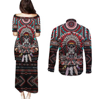 Native American Indian Warrior Skull Couples Matching Puletasi and Long Sleeve Button Shirt - Wonder Print Shop