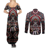 Native American Indian Warrior Skull Couples Matching Summer Maxi Dress and Long Sleeve Button Shirt - Wonder Print Shop