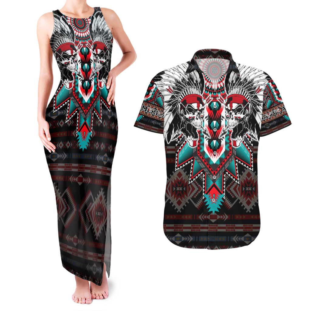 Native American Indian Warrior Skull Couples Matching Tank Maxi Dress and Hawaiian Shirt - Wonder Print Shop