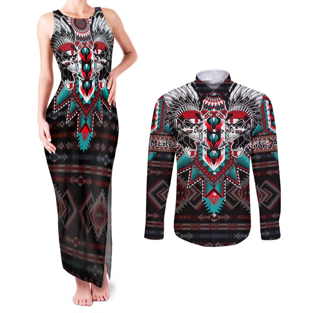 Native American Indian Warrior Skull Couples Matching Tank Maxi Dress and Long Sleeve Button Shirt - Wonder Print Shop