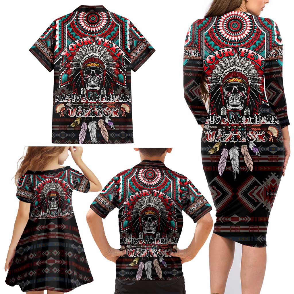 Native American Indian Warrior Skull Family Matching Long Sleeve Bodycon Dress and Hawaiian Shirt - Wonder Print Shop