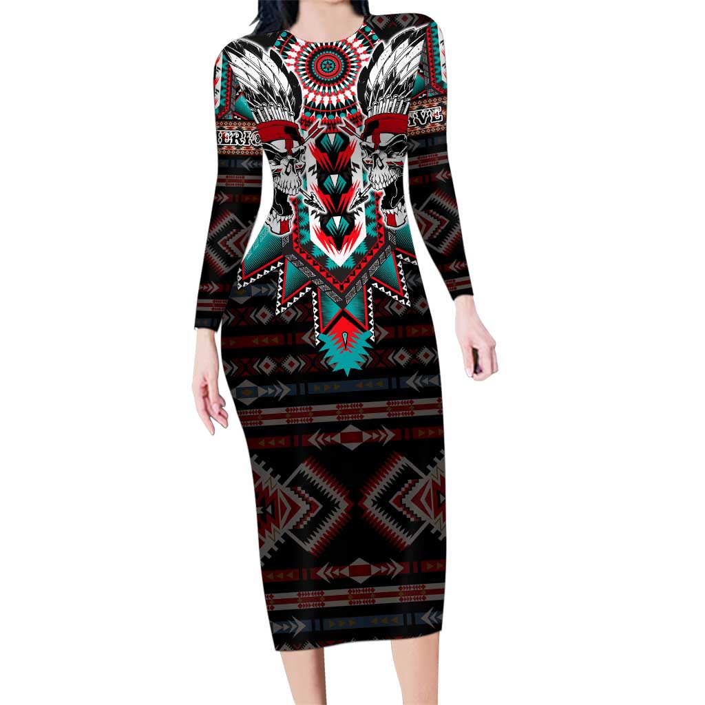 Native American Indian Warrior Skull Family Matching Long Sleeve Bodycon Dress and Hawaiian Shirt - Wonder Print Shop