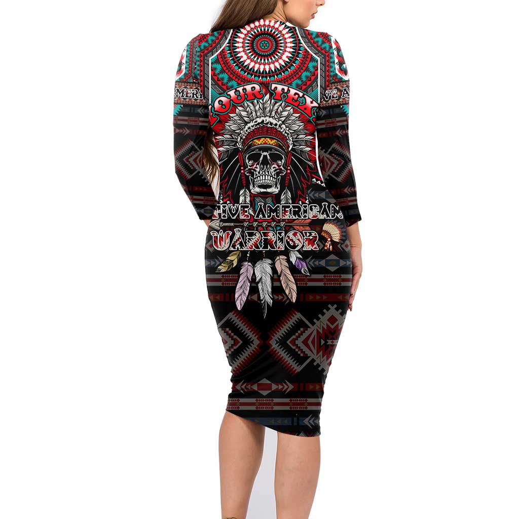 Native American Indian Warrior Skull Family Matching Long Sleeve Bodycon Dress and Hawaiian Shirt - Wonder Print Shop