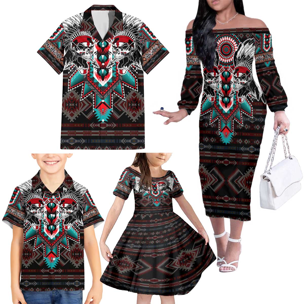 Native American Indian Warrior Skull Family Matching Off The Shoulder Long Sleeve Dress and Hawaiian Shirt - Wonder Print Shop