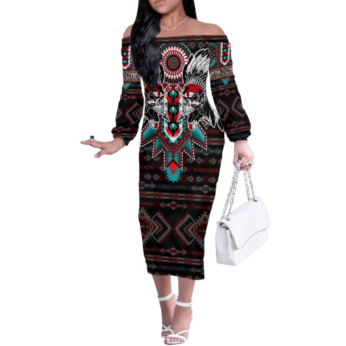 Native American Indian Warrior Skull Family Matching Off The Shoulder Long Sleeve Dress and Hawaiian Shirt - Wonder Print Shop