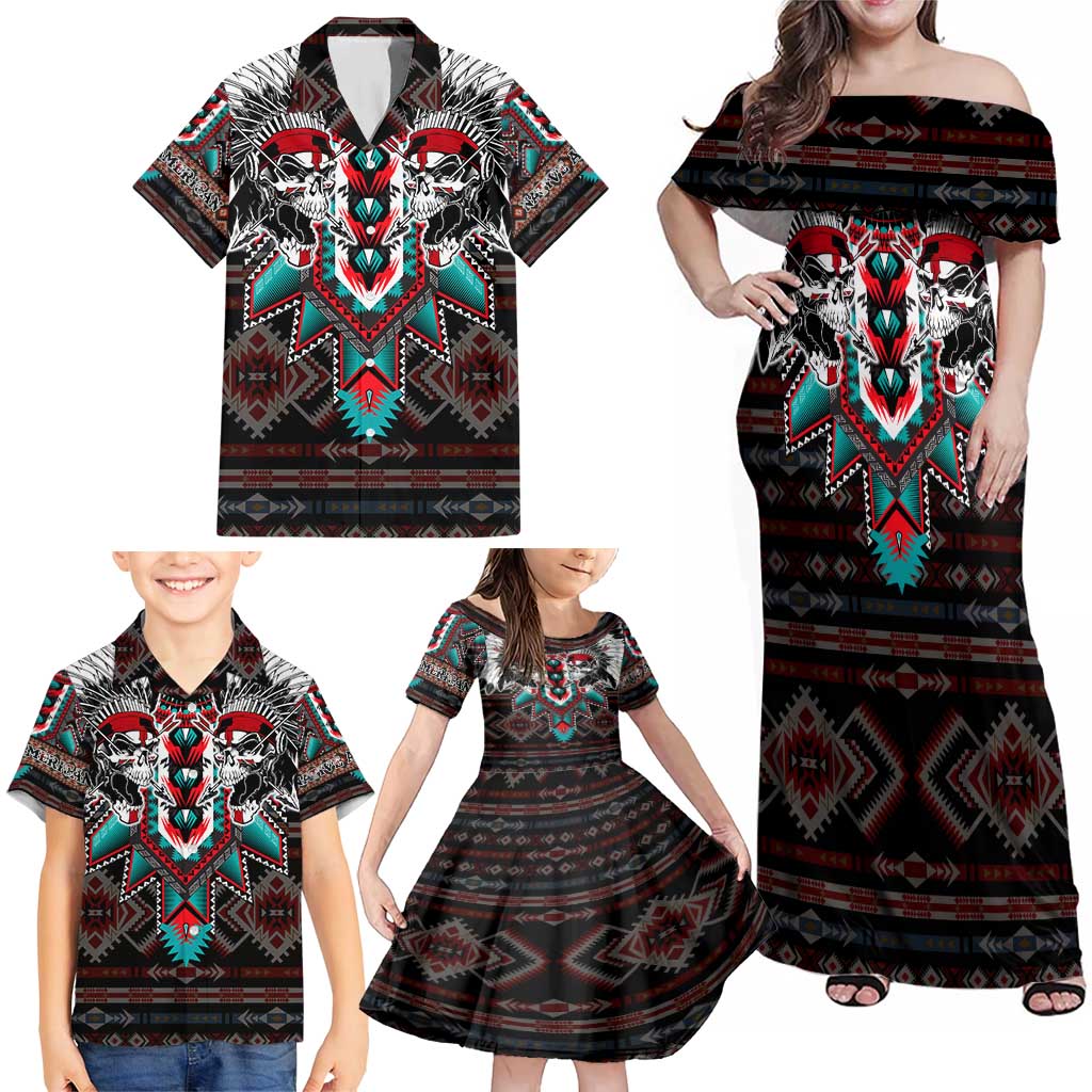 Native American Indian Warrior Skull Family Matching Off Shoulder Maxi Dress and Hawaiian Shirt - Wonder Print Shop
