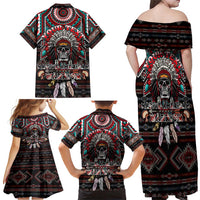 Native American Indian Warrior Skull Family Matching Off Shoulder Maxi Dress and Hawaiian Shirt - Wonder Print Shop
