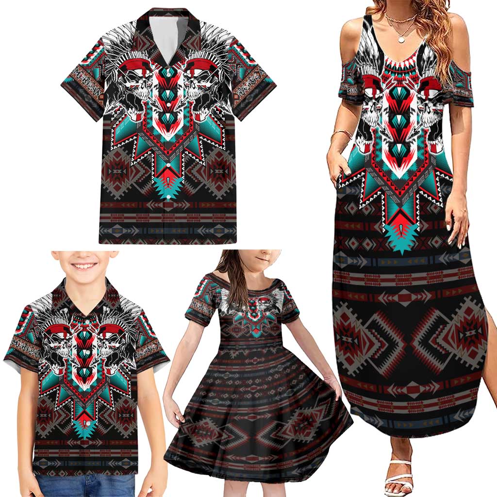 Native American Indian Warrior Skull Family Matching Summer Maxi Dress and Hawaiian Shirt - Wonder Print Shop