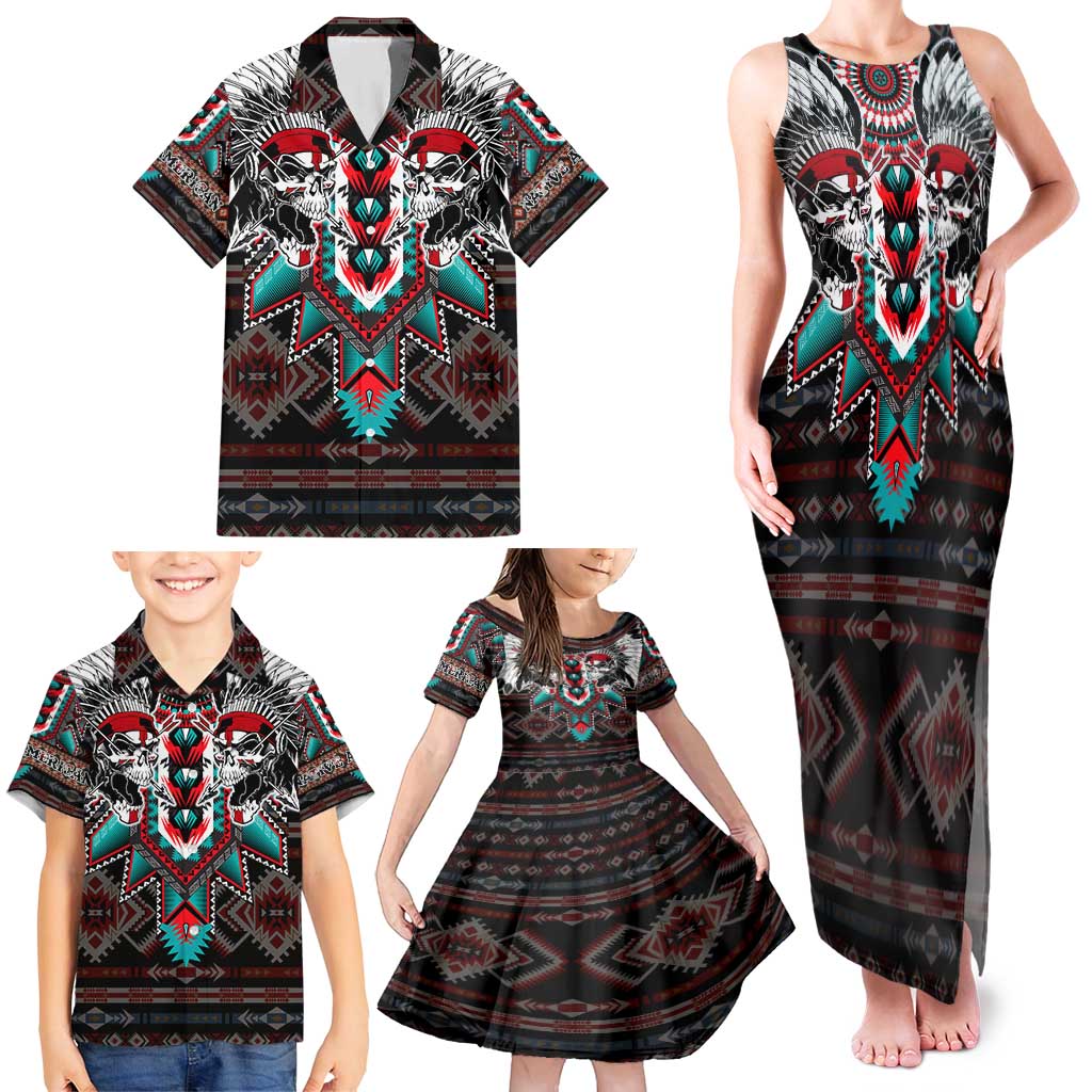 Native American Indian Warrior Skull Family Matching Tank Maxi Dress and Hawaiian Shirt - Wonder Print Shop