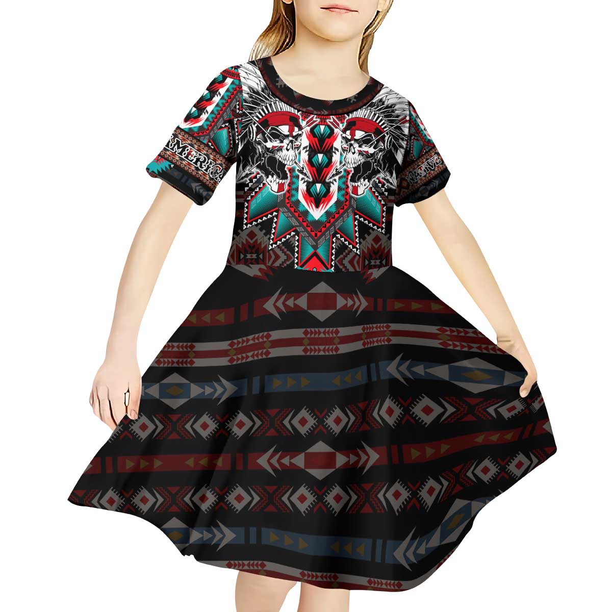 Native American Indian Warrior Skull Kid Short Sleeve Dress - Wonder Print Shop