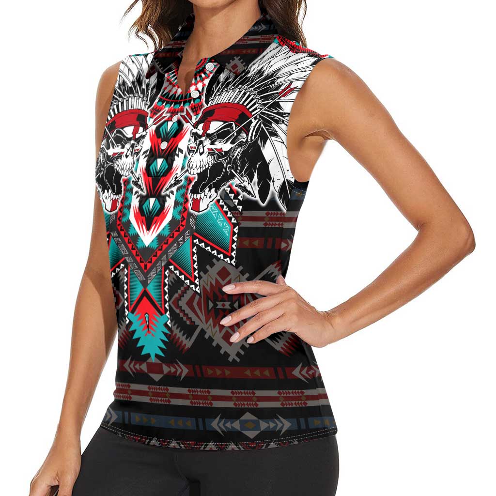 Native American Indian Warrior Skull Women Sleeveless Polo Shirt - Wonder Print Shop