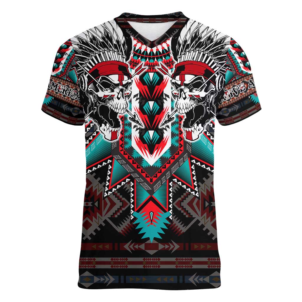 Native American Indian Warrior Skull Women V-Neck T-Shirt - Wonder Print Shop