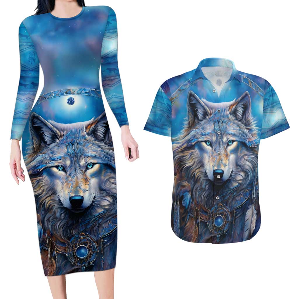 Beautiful Native American Wolf Couples Matching Long Sleeve Bodycon Dress and Hawaiian Shirt Galaxy Art - Wonder Print Shop