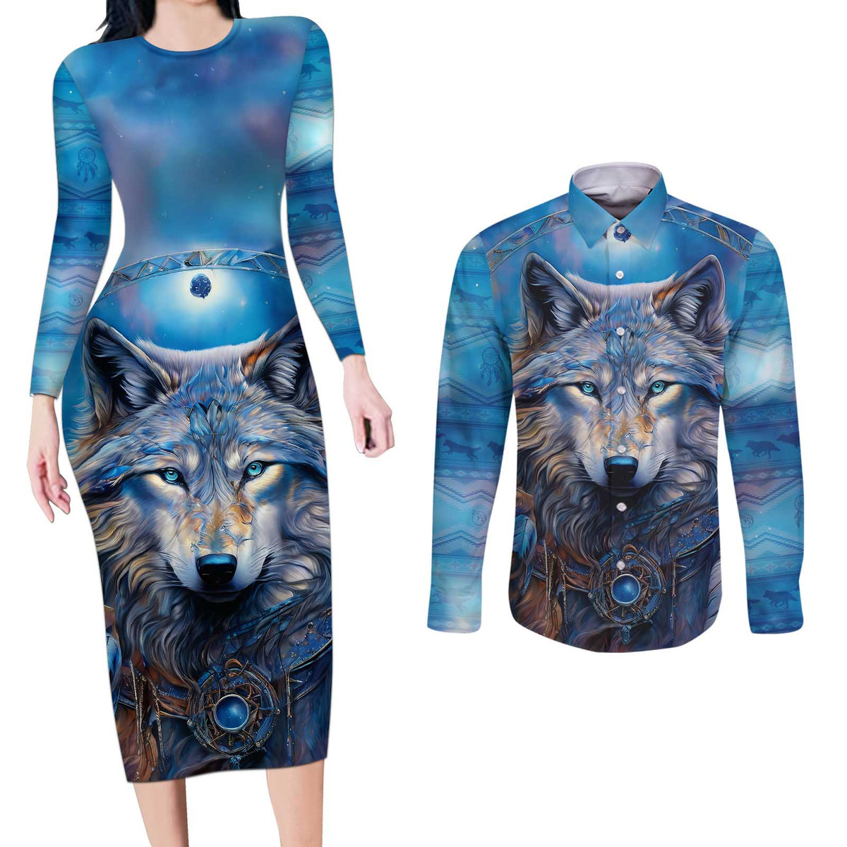 Beautiful Native American Wolf Couples Matching Long Sleeve Bodycon Dress and Long Sleeve Button Shirt Galaxy Art - Wonder Print Shop