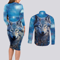 Beautiful Native American Wolf Couples Matching Long Sleeve Bodycon Dress and Long Sleeve Button Shirt Galaxy Art - Wonder Print Shop
