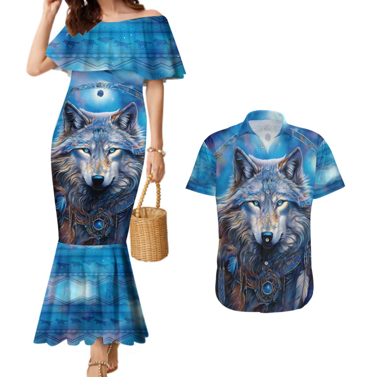 Beautiful Native American Wolf Couples Matching Mermaid Dress and Hawaiian Shirt Galaxy Art - Wonder Print Shop