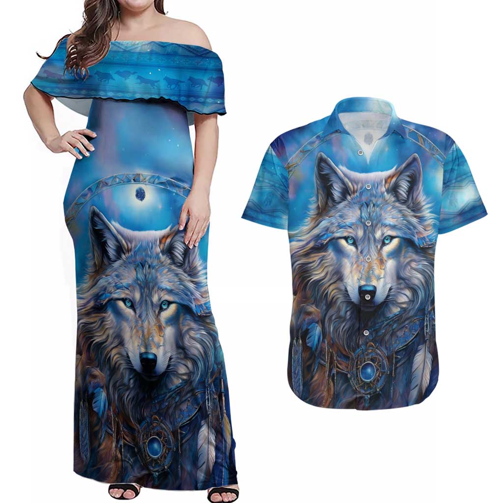 Beautiful Native American Wolf Couples Matching Off Shoulder Maxi Dress and Hawaiian Shirt Galaxy Art - Wonder Print Shop