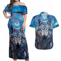 Beautiful Native American Wolf Couples Matching Off Shoulder Maxi Dress and Hawaiian Shirt Galaxy Art - Wonder Print Shop