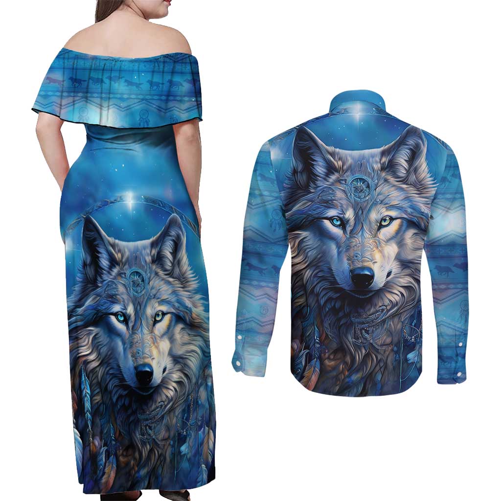 Beautiful Native American Wolf Couples Matching Off Shoulder Maxi Dress and Long Sleeve Button Shirt Galaxy Art - Wonder Print Shop
